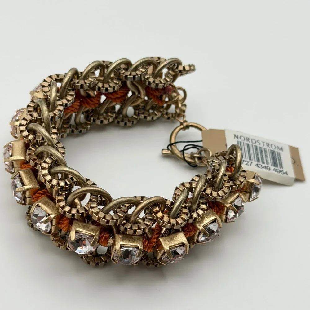 Nordstrom Gold Tone Chain Link Bracelet with Clear‎ Crystal Stones Orange New